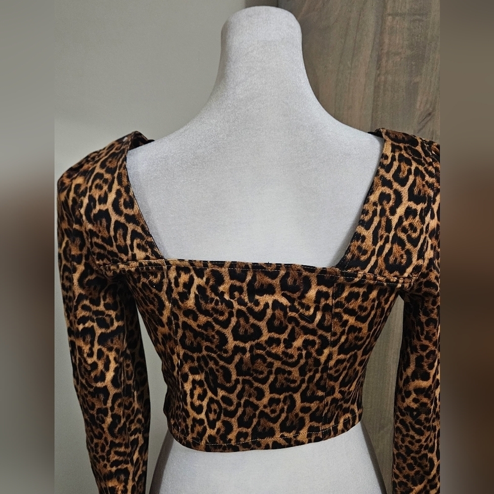 ZARA Leopard Print Long Sleeve Zip Front Puff Sleeve Crop Top.Black/brown.SM NWT - Picture 11 of 14